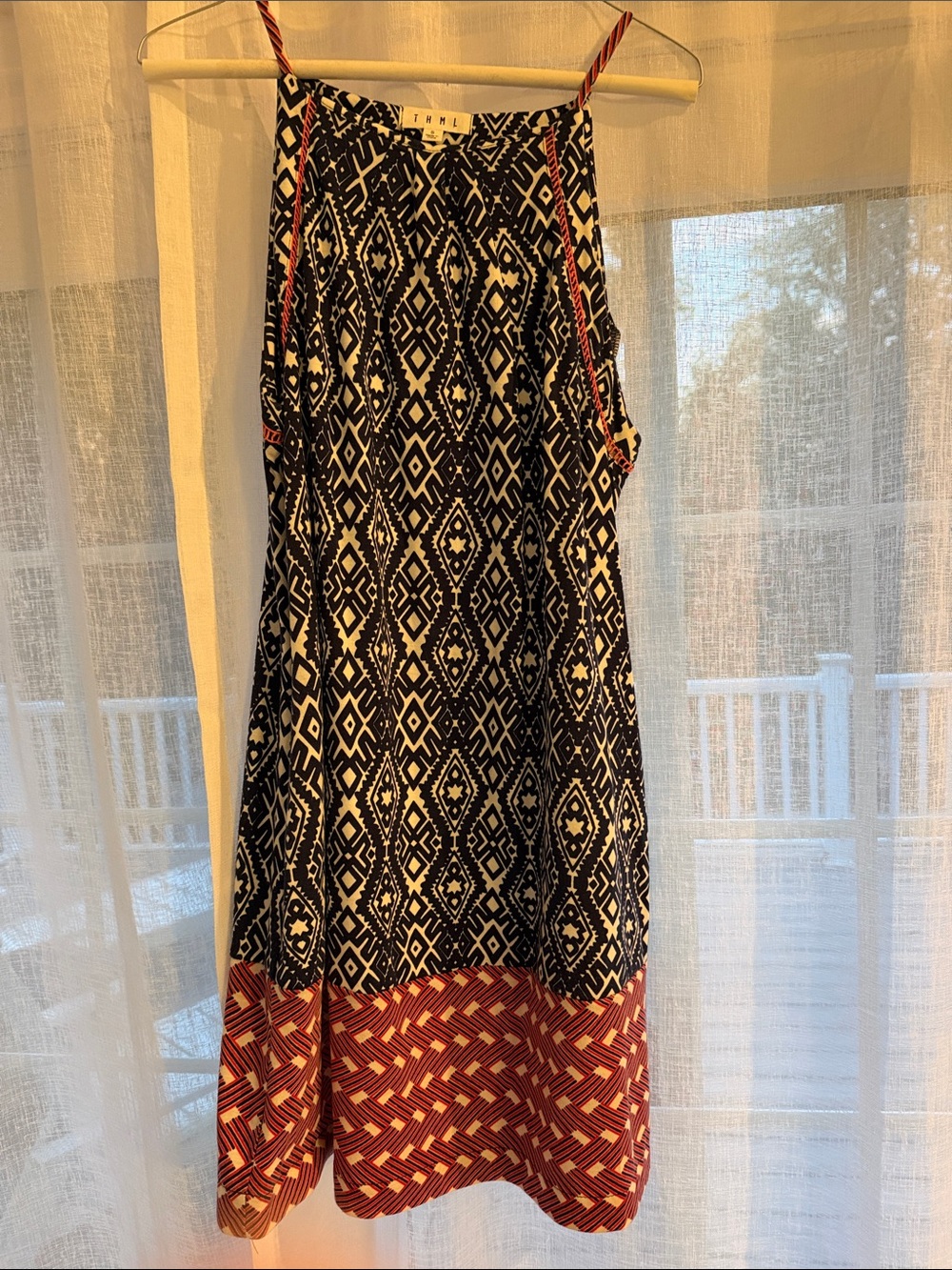 THML Navy and Coral Patterned Spaghetti-Strap Mini Dress